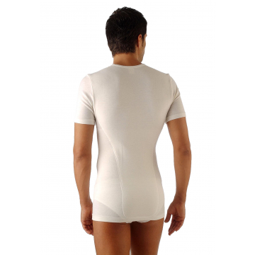 T-shirt thermique à manches courtes homme avec ceinture lombaire élastique - double tissu en laine et coton